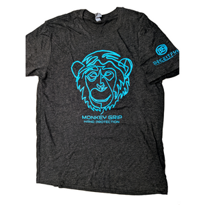 Deceitful Strength Monkey Grips logo unisex tee shirt. Aqua on vintage black