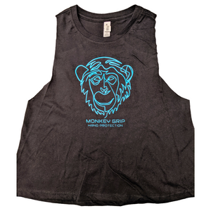 Deceitful Strength Monkey Grips logo racerback crop. Aqua on black.