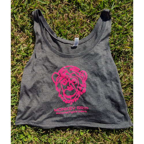 Deceitful Strength Monkey Grips pink logo on grey flowy tank crop top shirt