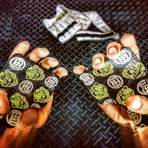 Monkey Grips crossfit pull up weightlifting gloves. The original lime. Thumb through loop. Weighted vest.