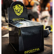Load image into Gallery viewer, Deceitful Strength Monkey Grips vendor box. Black box with lime logos containing 30 pairs of crossfit and fitness hand grips.