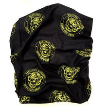 Load image into Gallery viewer, Deceitful Strength Neck Gaiter Face Mask. Gaiter Monkey design featuring black base with multiple checkered infamous monkey head logos in neon yellow.